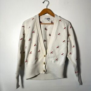 Adele Joyce Vintage Floral Embroidered Cotton Cardigan Cream Gold Buttons Size M